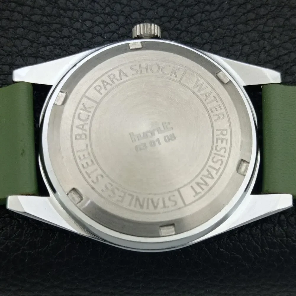 Vintage 1985 HMT Manual Wound Mens Silver Watch & Green accents